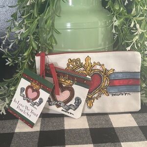 Brighton Cream Canvas Heart Crest Pouch Set with Red, Green & Blue Accents